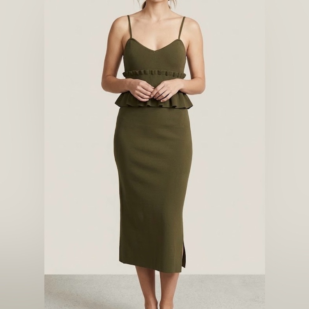 BURU Elegant Olive Green Sleeveless MIDI Dress M/L